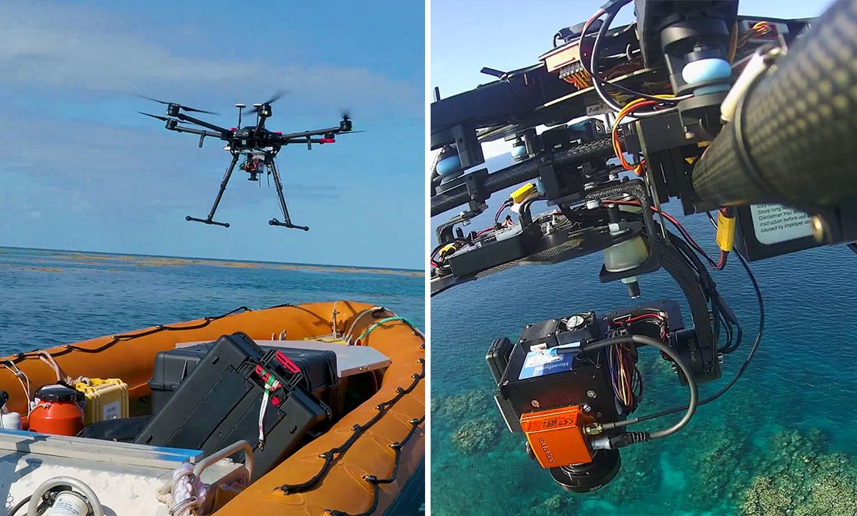 Left, AIMS boat shown as team prepares to trial the drone and hyperspectral camera on the Great Barrier Reef. Right: Hyperspectral camera mounted on drone.