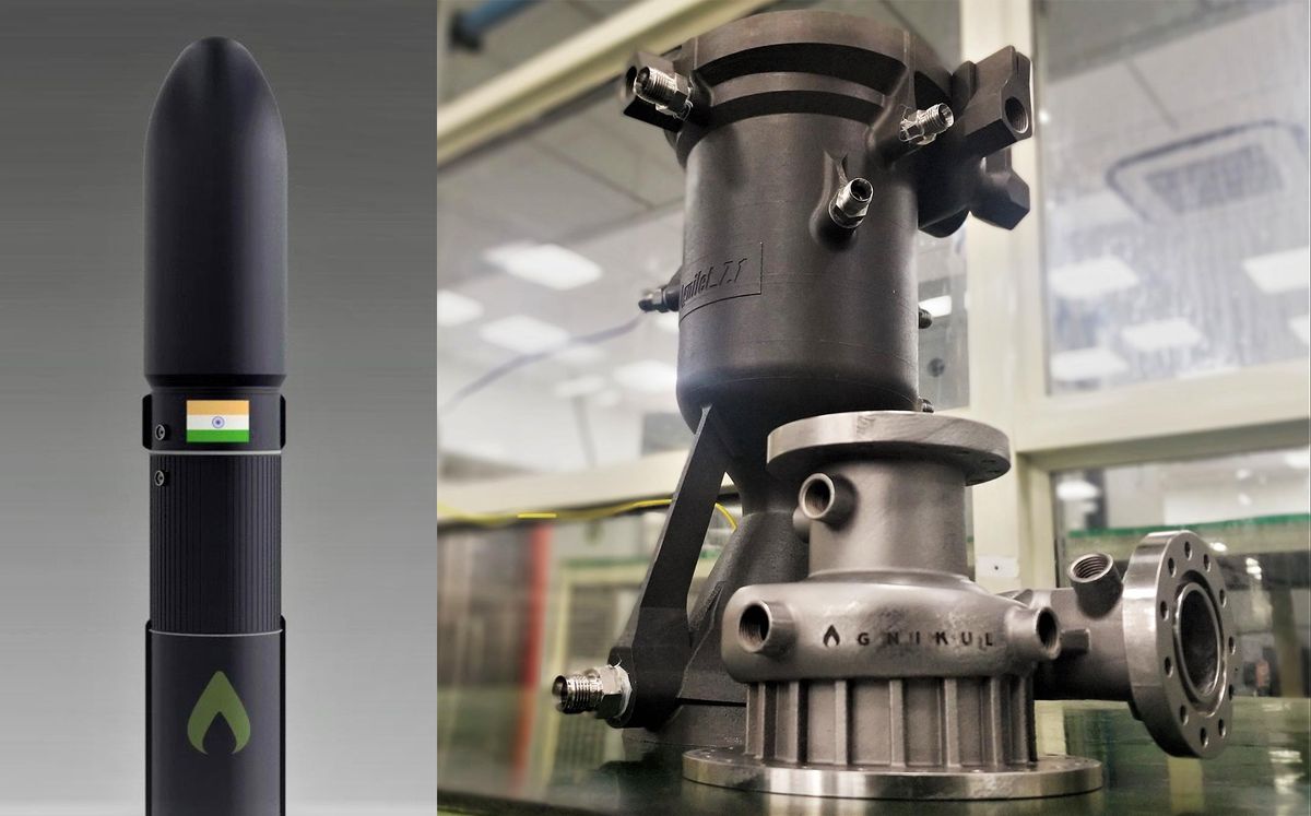 Left is a rendering of the top of a rocket with the Indian flag on it. Right is a photo of a silver contraption and a larger dark grey hourglass object.