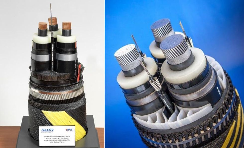 Left photo shows a submarine cable with its layers remove revealing three inner cables; right image shows closeup of three inner cables, each surrounded by layers of metal and plastic for insulation, structure, and protection.