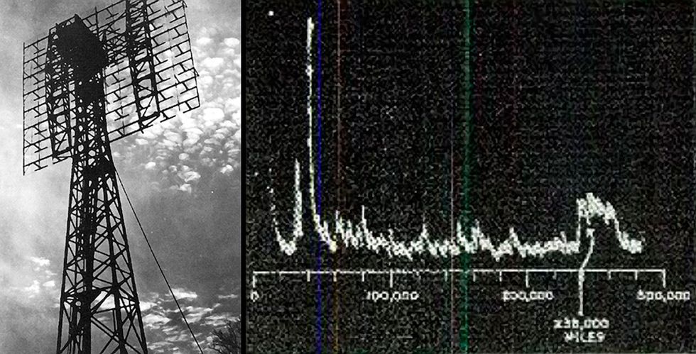 Left, Project Diana antenna. Right,First radar return from the Moon.