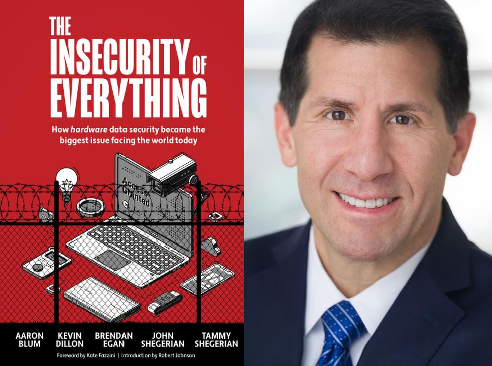 Left show a book cover with an illustration of a devices behind a barbed wire fence. Right photo shows a smiling man in a suit.