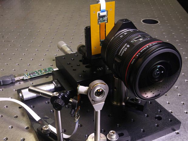 Fiber-coupled monocentric lens camera (left) next to the much larger Canon EOS 5D Mark III DSLR, used for conventional wide-angle imaging.
