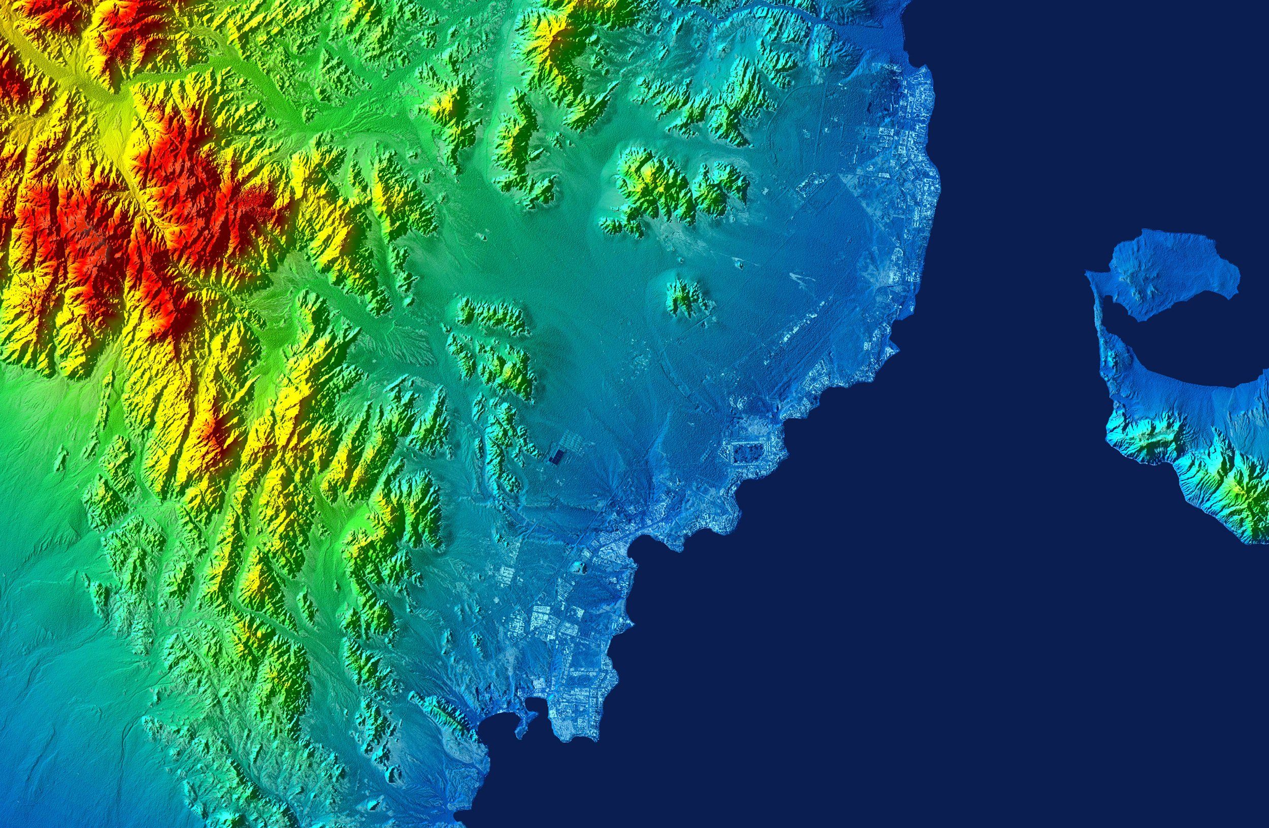 A map showing multiple colors for elevation.