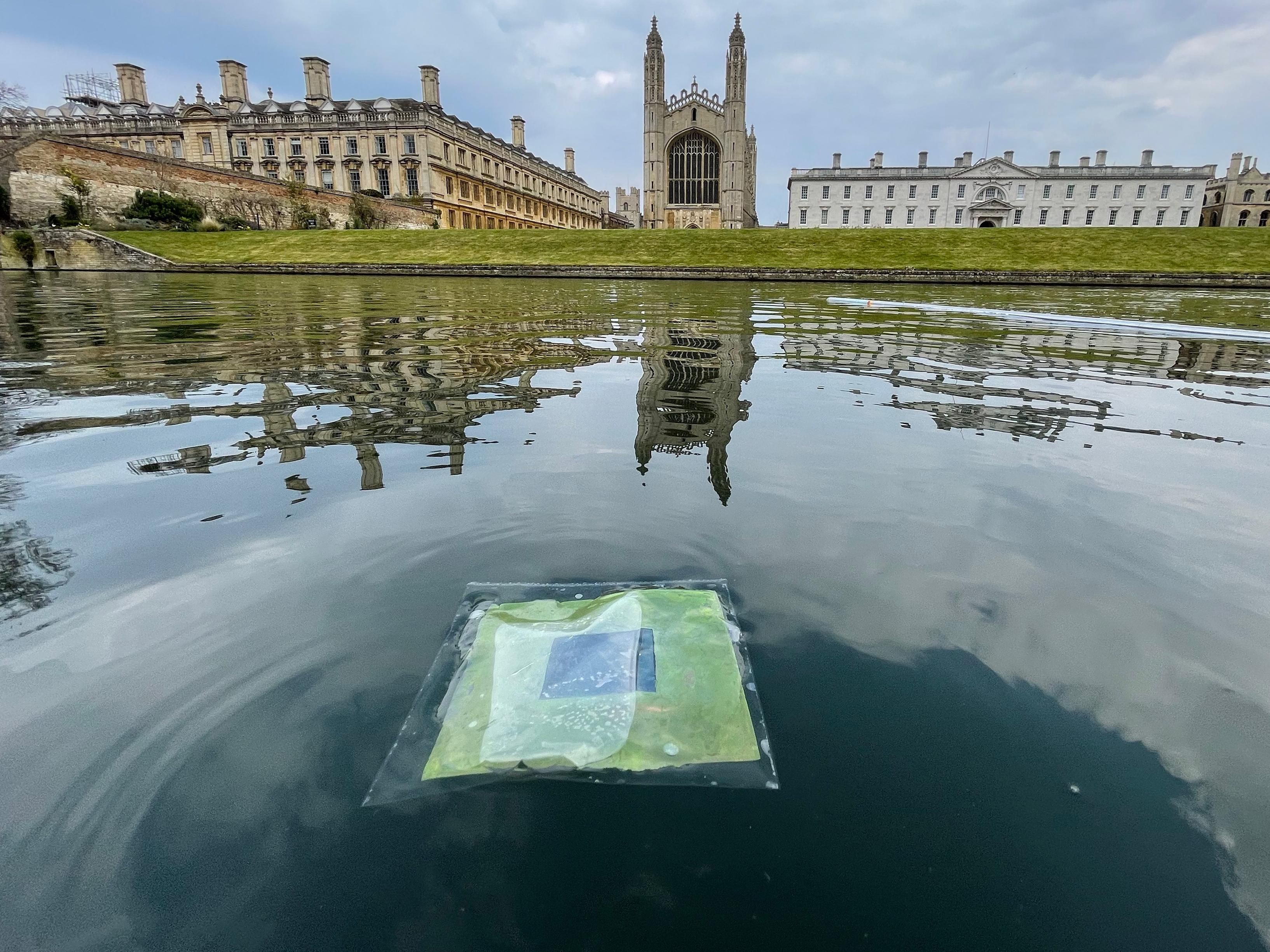 A green square floats on the water in front of buildings and blue sky.