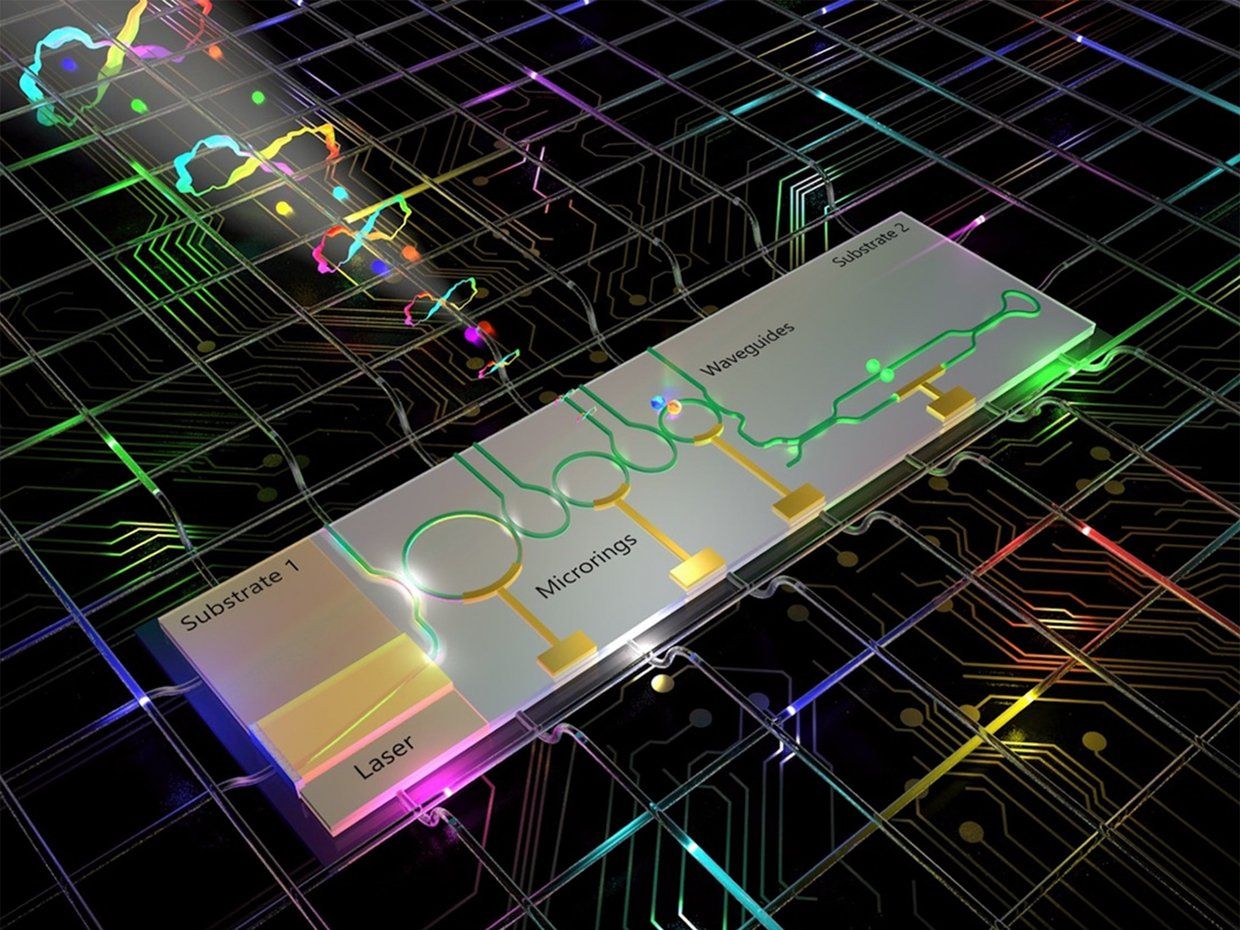 A silver rectangle with colorful circuitry on a grid