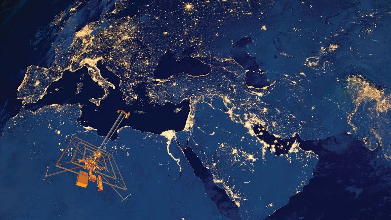 overhead map view of Africa, Europe and Asia in blue with yellow spots 