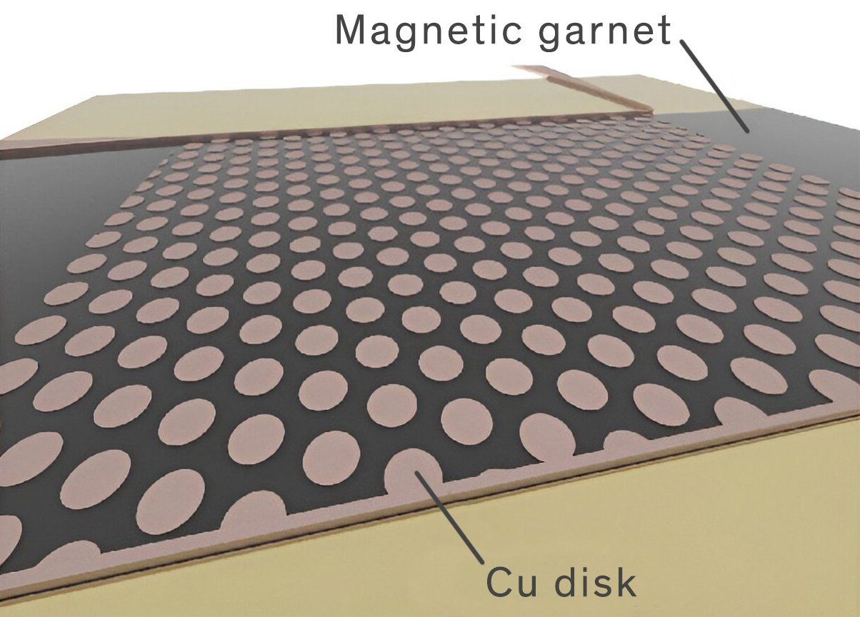 ​An illustration of the two-dimensional magnonic crystal, with pinkish circles on a grey surface