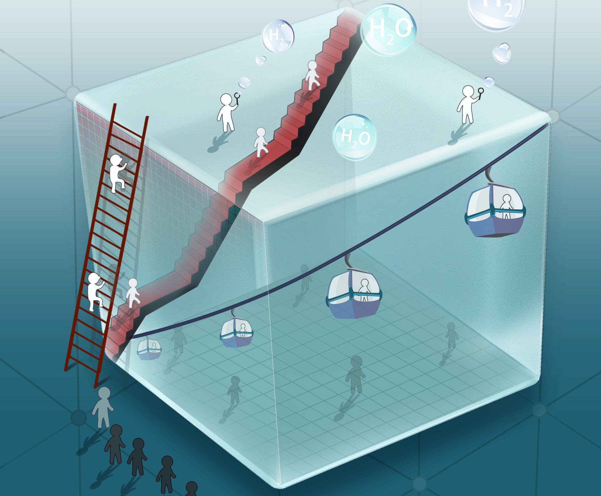 a big blue box with a ladder with a line of people behind it, a cord with a gondola and person inside and red stairs inside the box with people climbing them, people on top of structure blowing bubbles