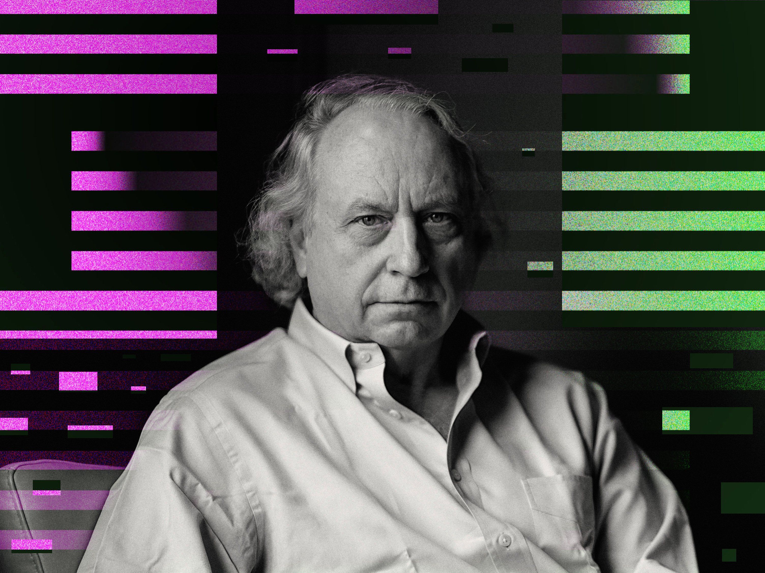 Black and white portait of a man in front of a pink and green lined background