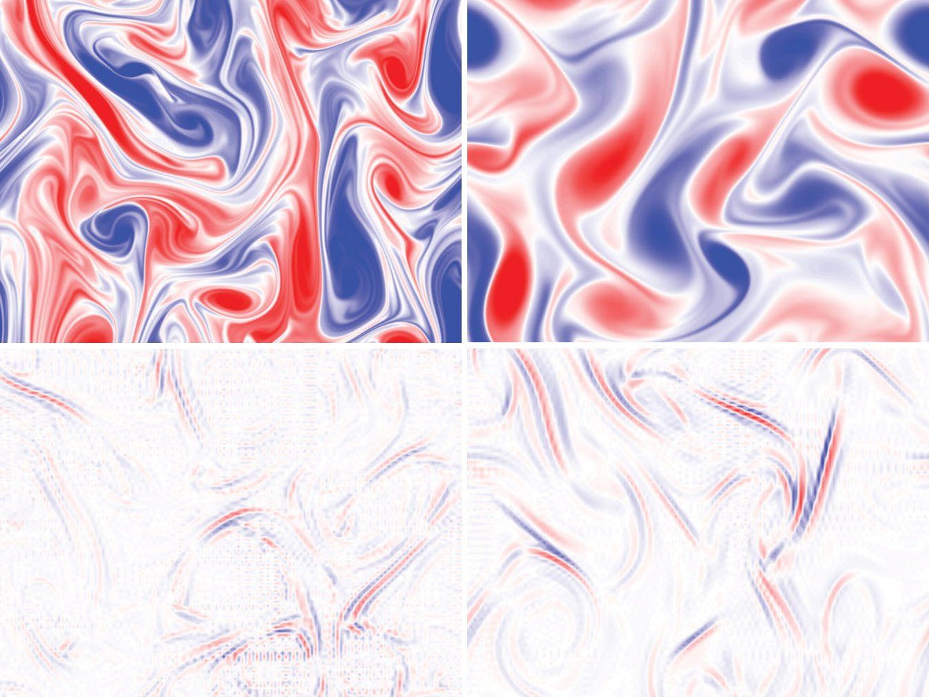 4 section image of 2 red and blue swirls on top and 2 lighter red and blue swirls on bottom 