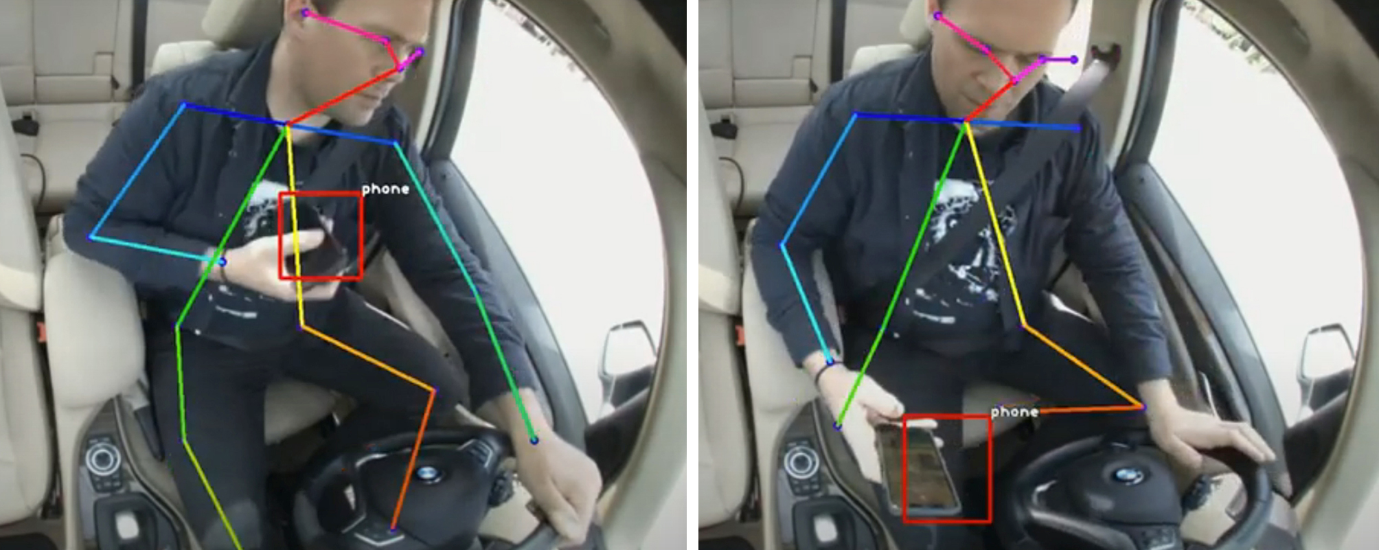 Colored lines over a person sitting in a car and holding a phone in their hand.  
