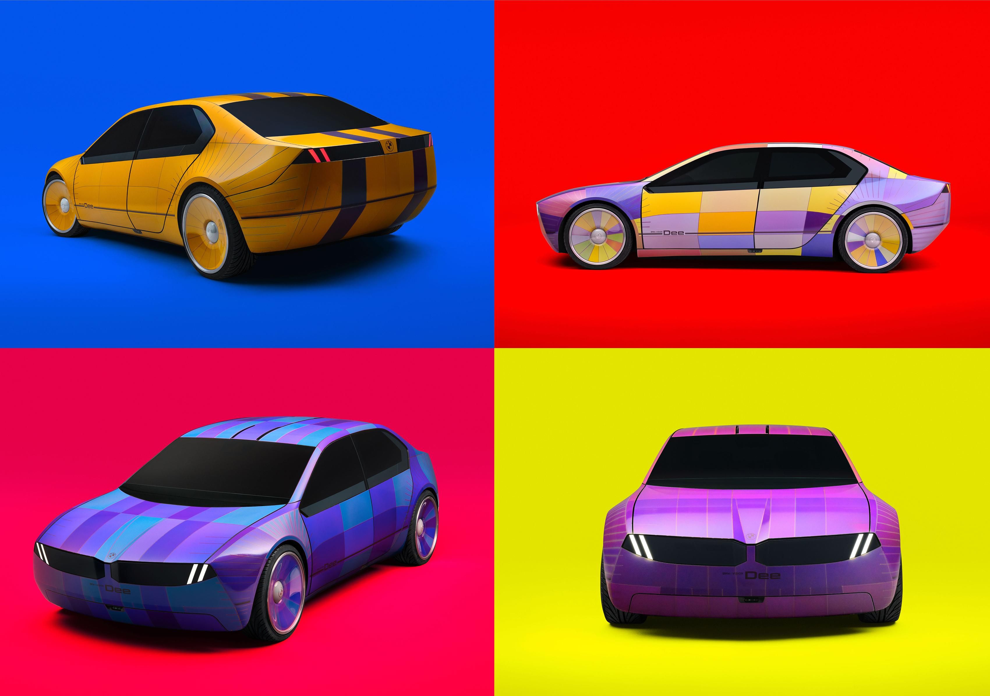 Group of four images of cars, each the same car, but colored and patterned differently.
