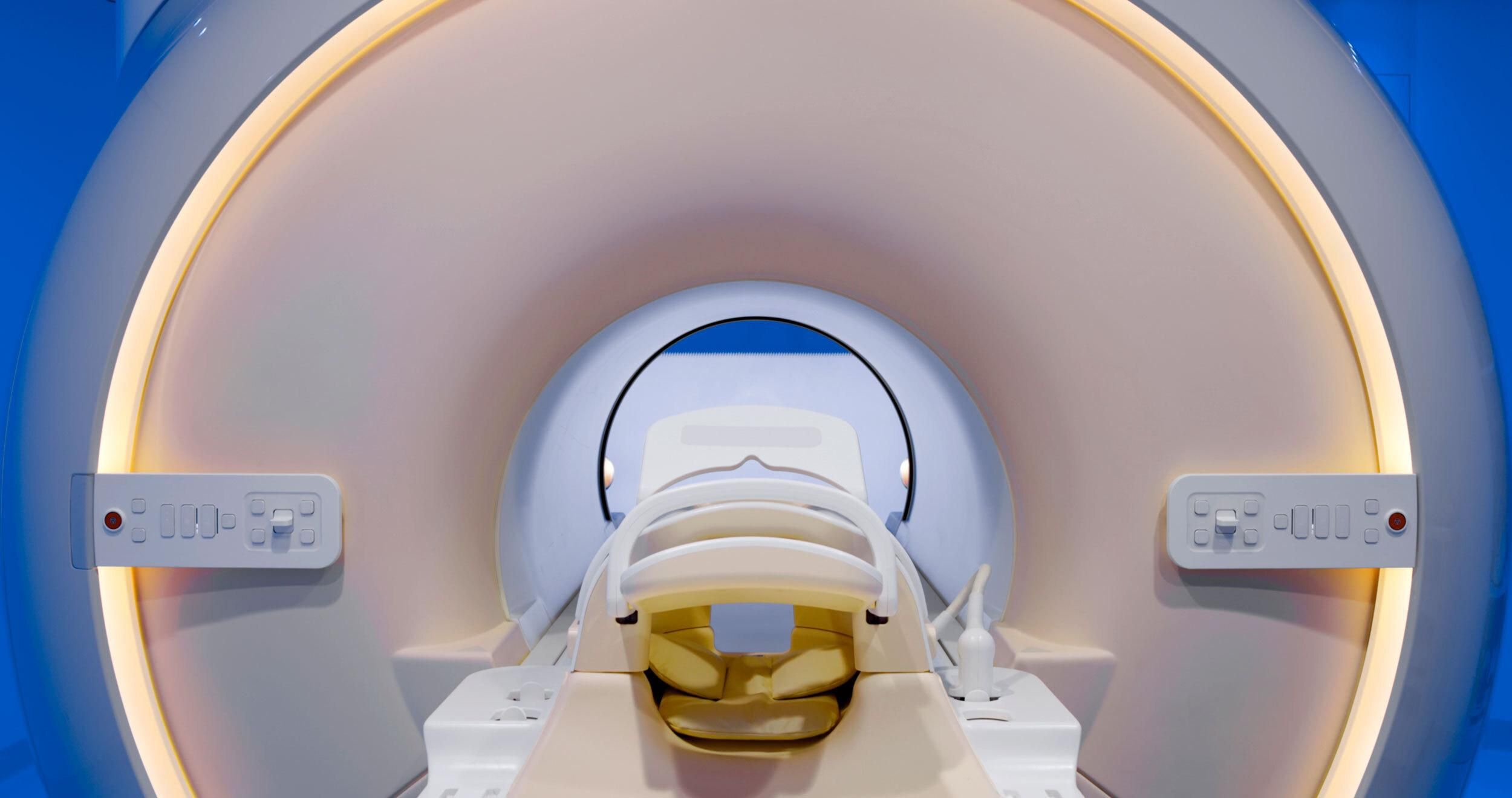 Looking through the opening of an MRI machine