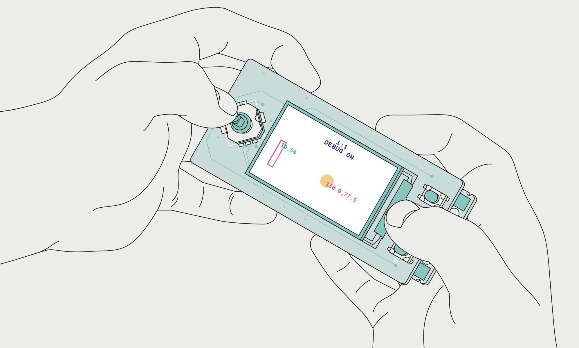 A pair of hands holding a small handheld with a screen, mini joystick, and two buttons.