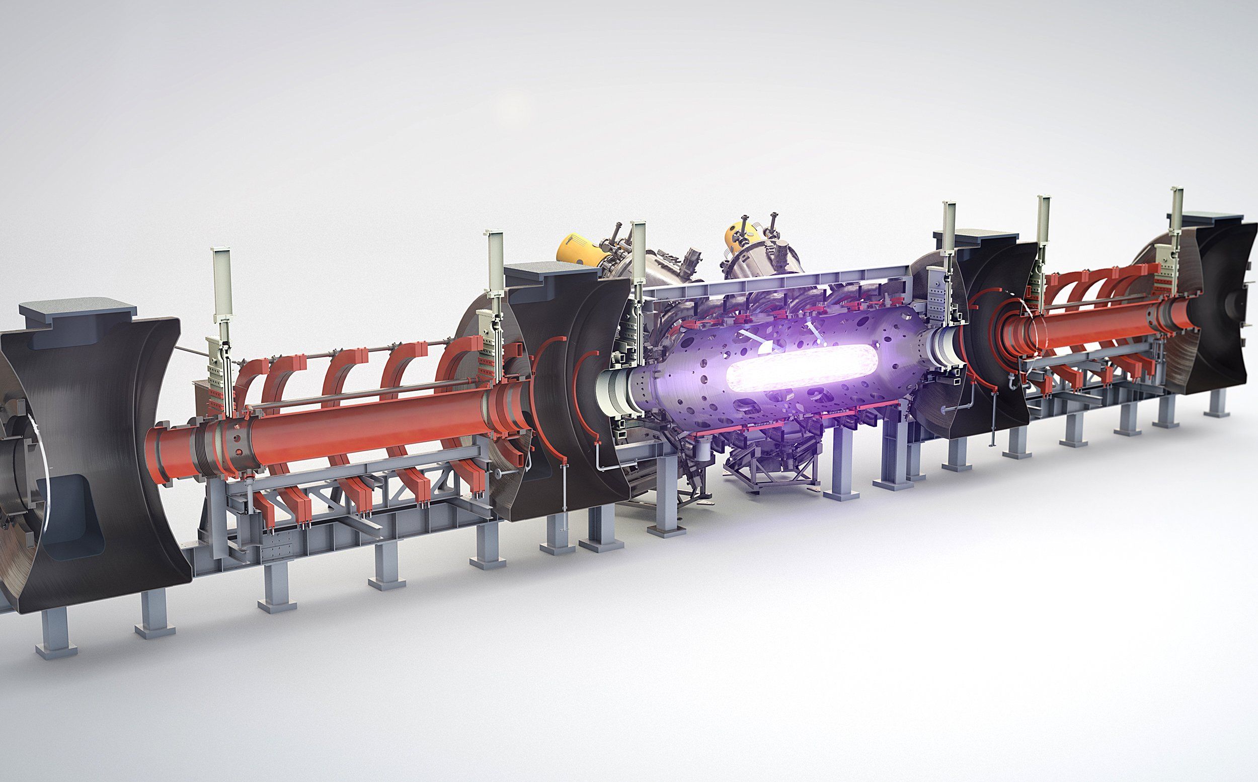 A rendering shows the internal view of a cylindrical fusion reactor, with a middle section highlighting glowing purple light held in its center. 