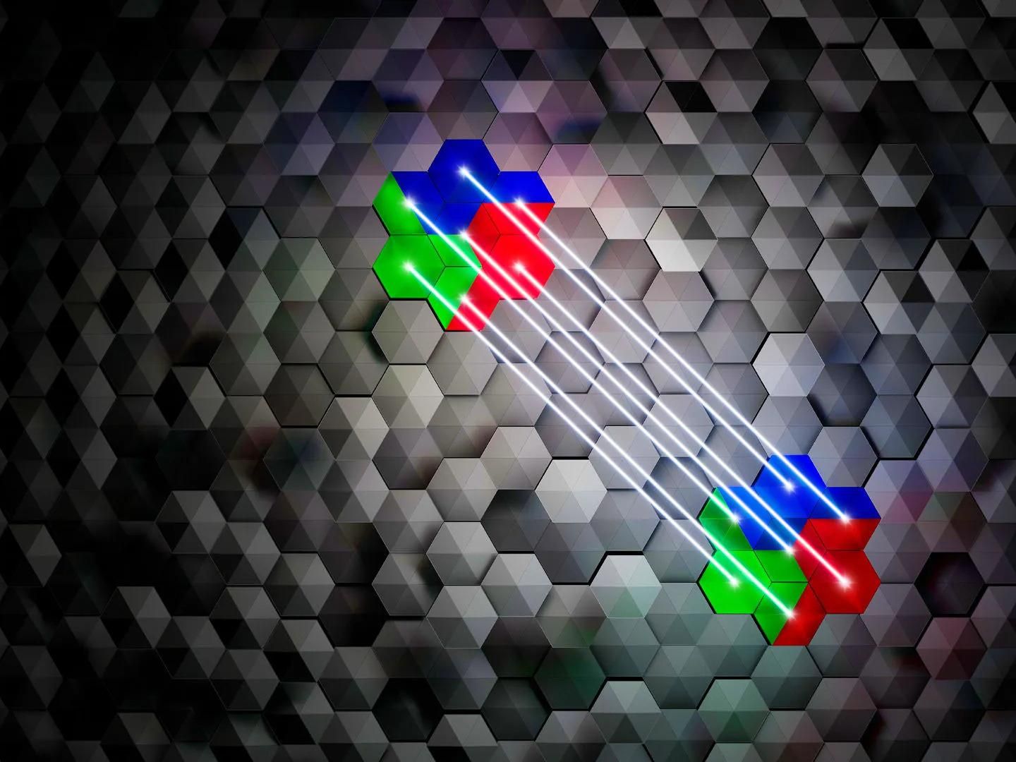Connected silver hexagons, with two shapes of 7 collected hexagons in red, blue and green, connected by seven beams of white.