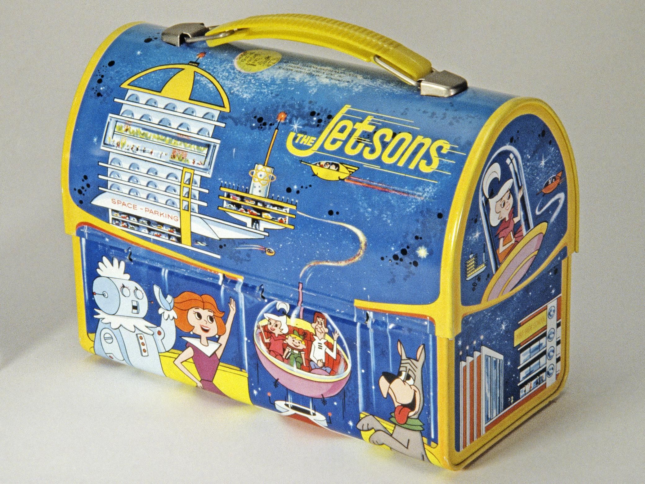 A blue and yellow lunch box decorated with cartoon characters from the future. 