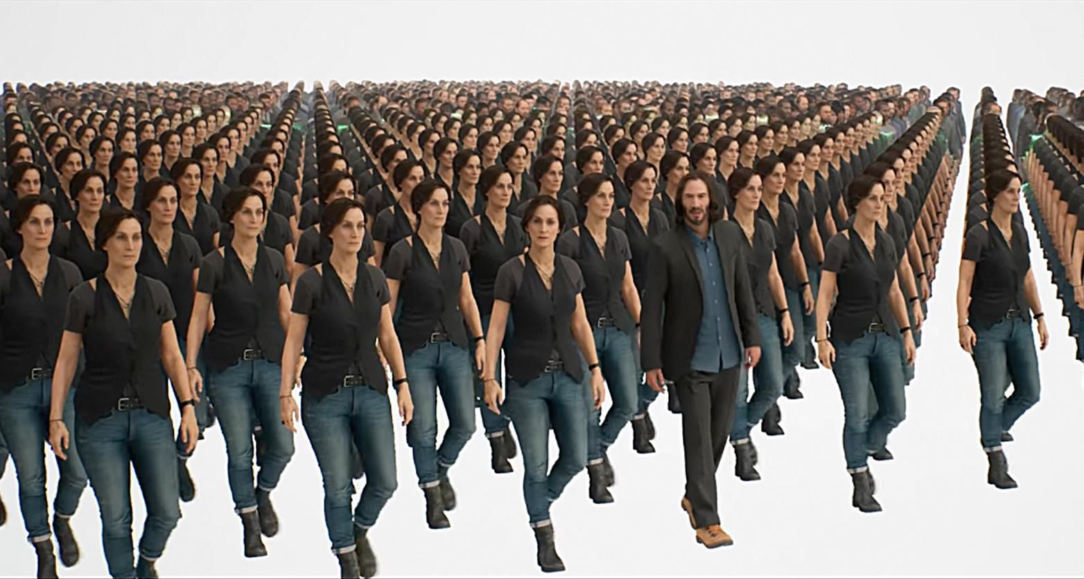 A female avatar is repeated endlessly in rows. In the front of one area is the same avatar positioned slightly differently, next to a male avatar.
