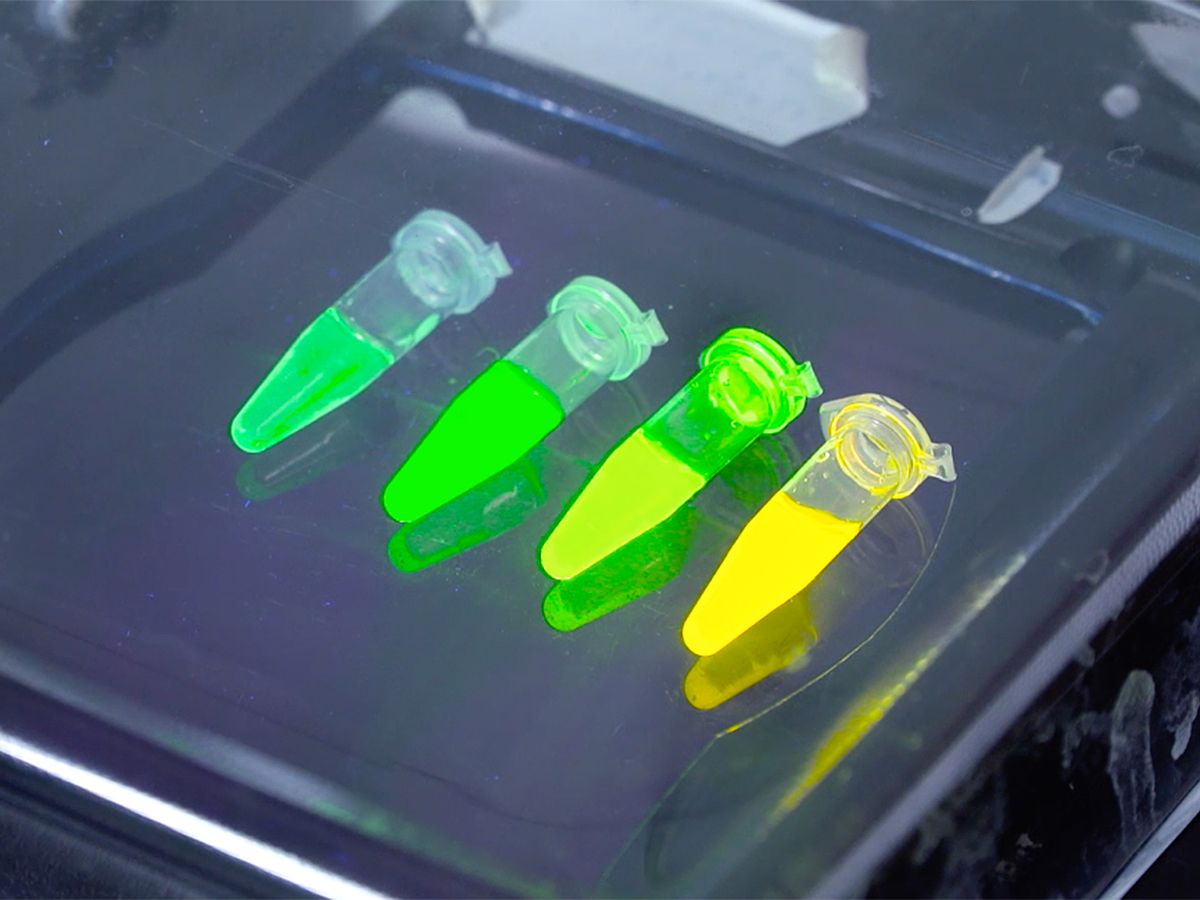 light-activated nanoparticles shown glowing on lab tray