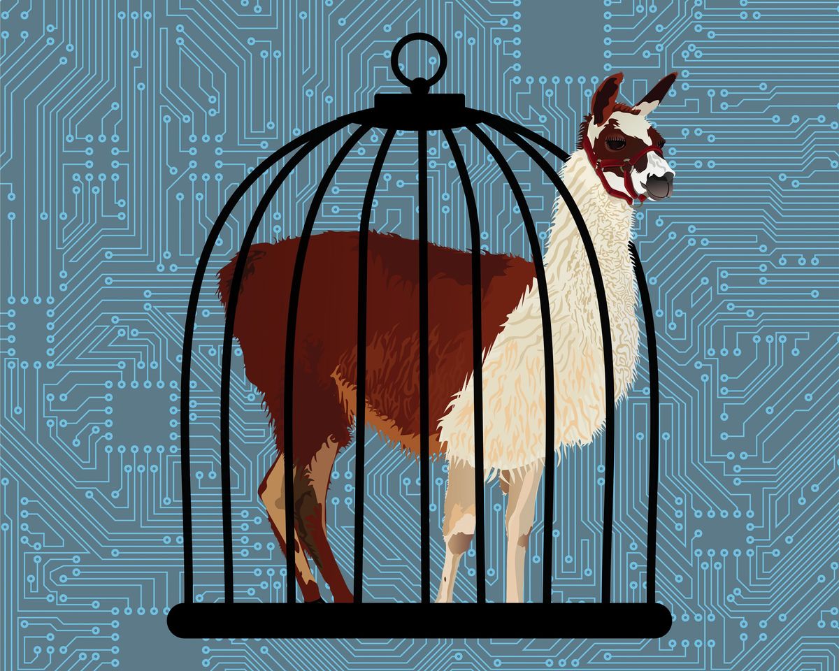 llama in a cage with a computer background