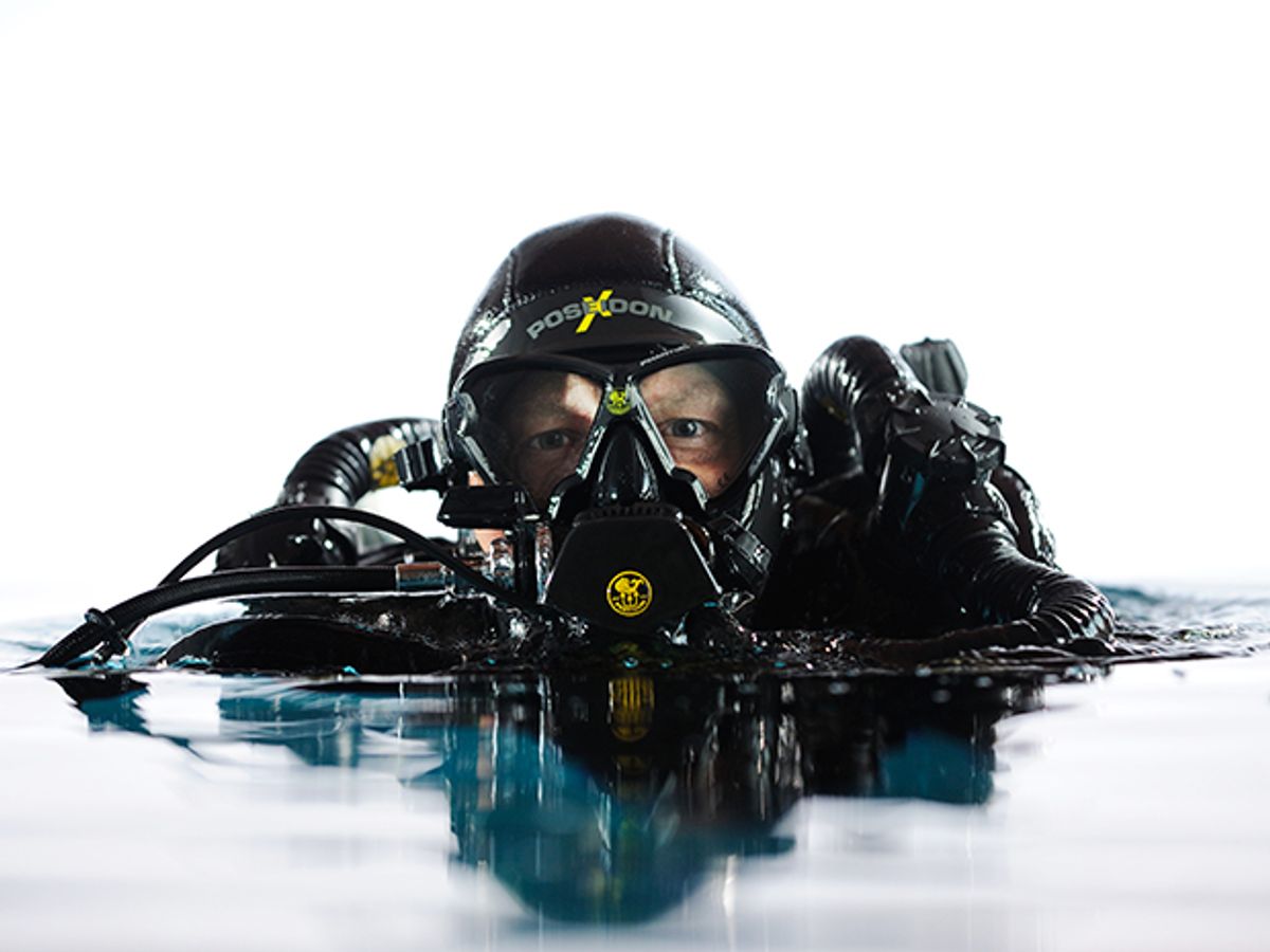 man in water wearing Poseidon Diving Systems CCR