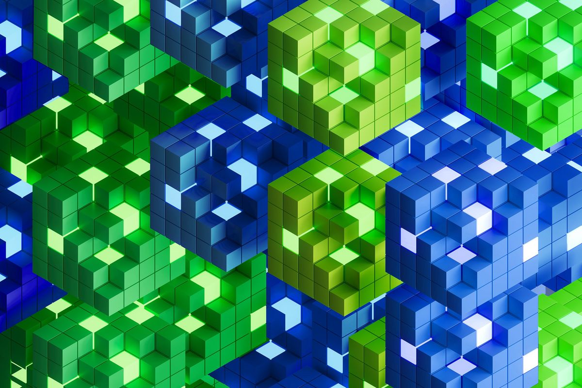 Many interlocking blocks in green and blue sections