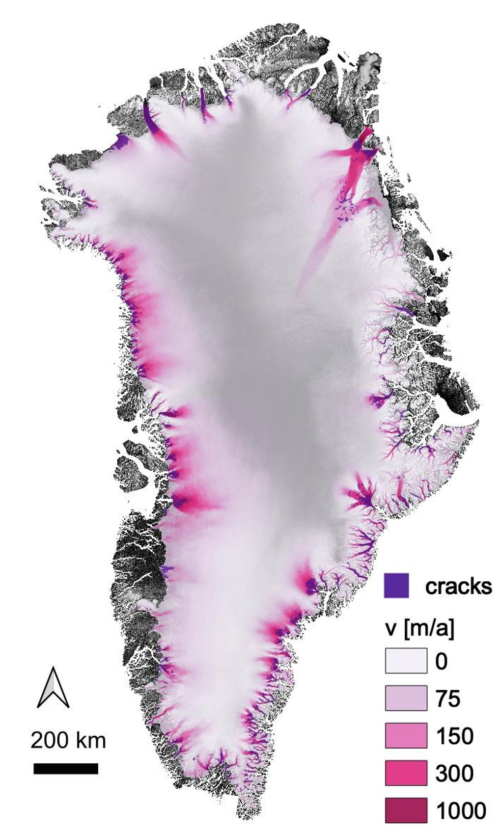 Map of Greenland showing location of cracks and ice flow near the coast.