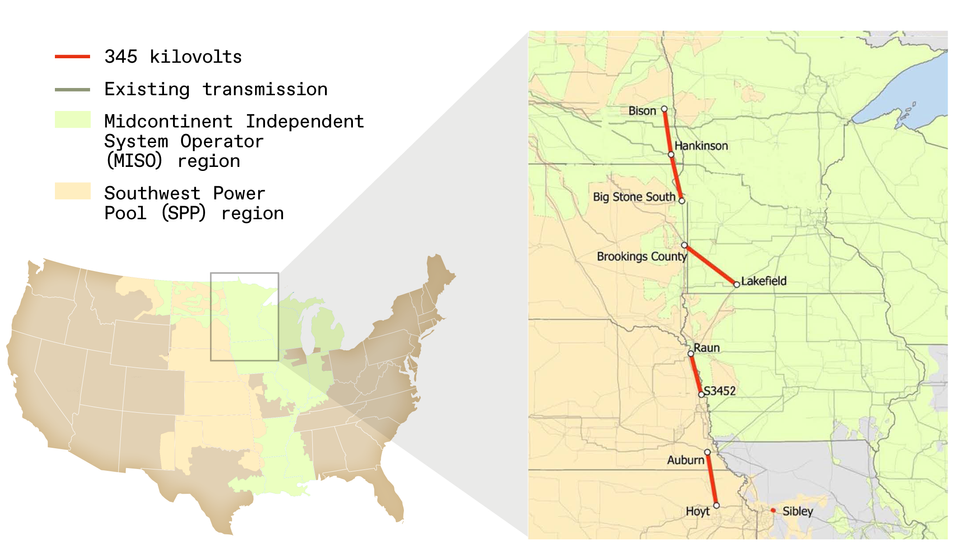 Map of proposed new transmission lines totaling 600km in the upper Midwest 