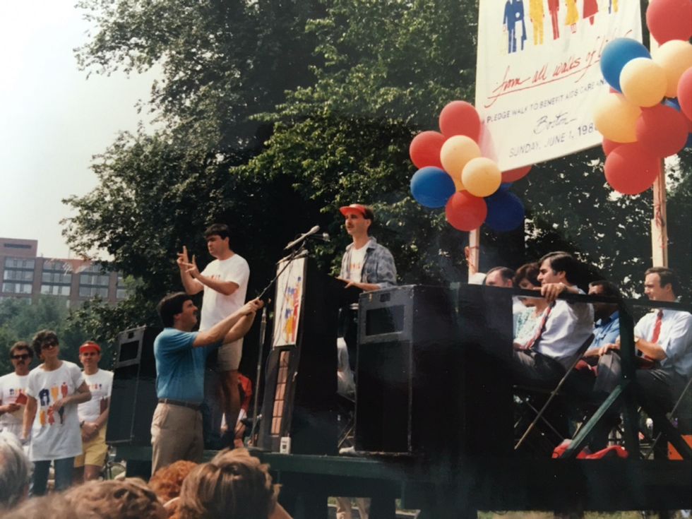 Matt Stern addressing the crowd at the first Boston AIDS walk, in 1986.