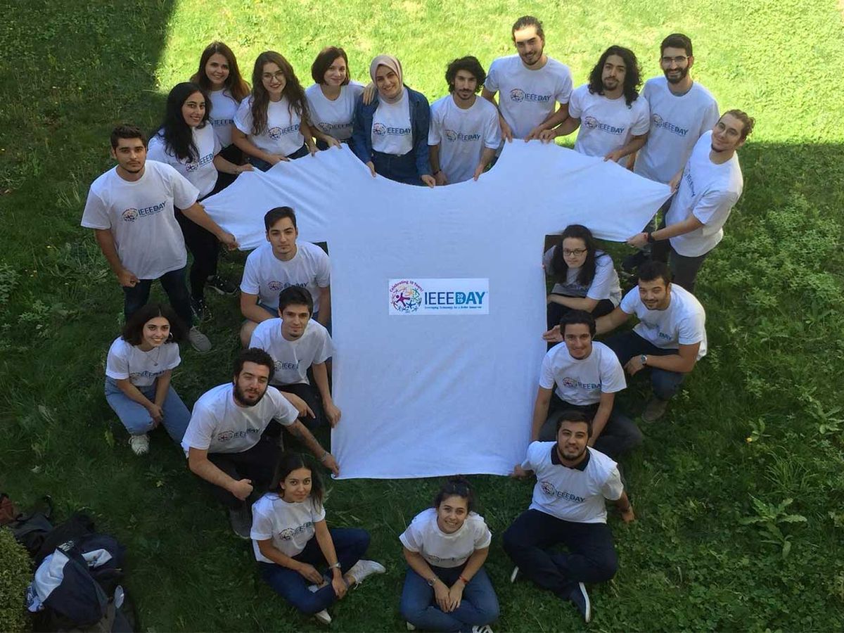 Members of the Eskisehir Technical University IEEE Student Branch, in Turkey, celebrate IEEE day with an oversized T-shirt.