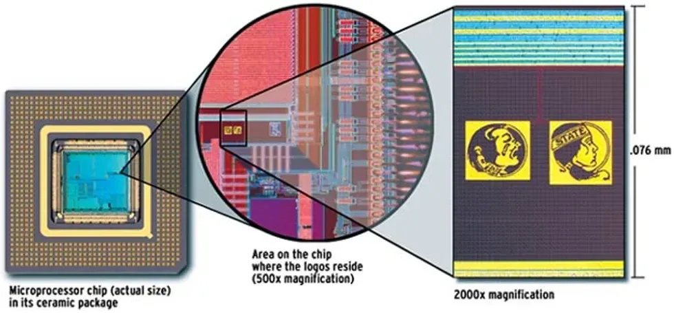 Microchip with magnified area showing detailed logos under 2000x magnification; dimensions given.