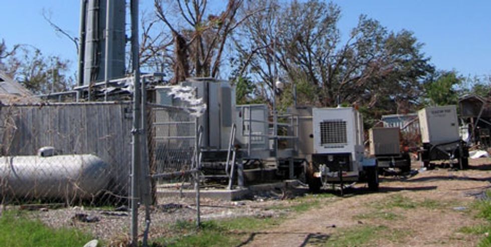 Multiple portable generators powered various base stations sharing a cell tower in Louisiana after Katrina. Each generator needed to be refueled about every 24 to 48 hours.