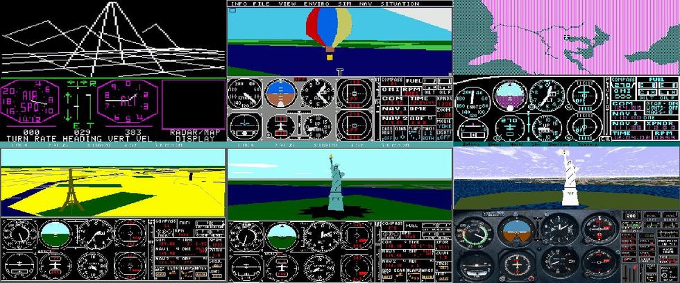 Multiple screenshots from a flight simulator computer game, showing the aircraft dashboards and views from the cockpit.