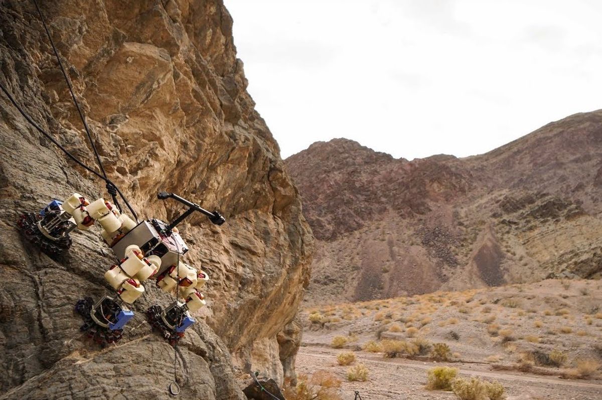 NASA LEMUR robot climbing a rock wall