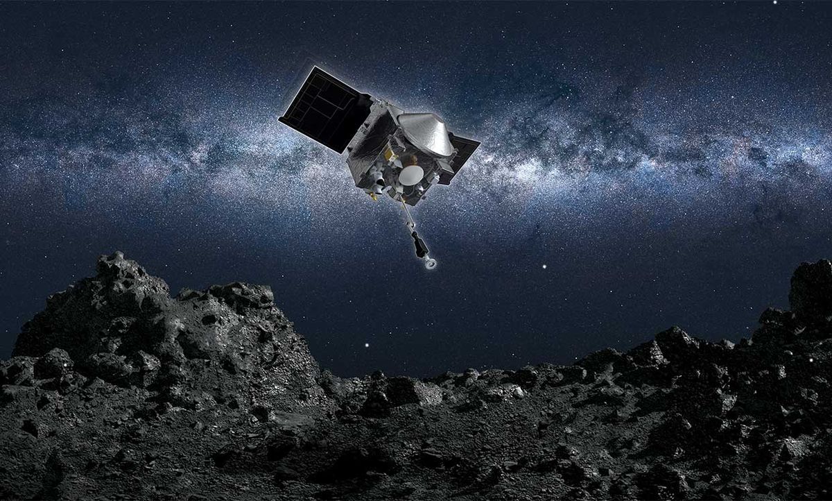 NASA's OSIRIS-REx spacecraft approaches asteroid 101955 Bennu to sample its regolith, as seen in an artist's conception.