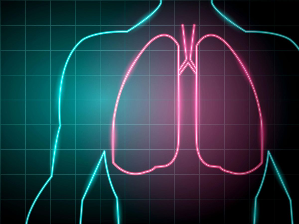 neon colored outline of person and lungs against a dark checked background