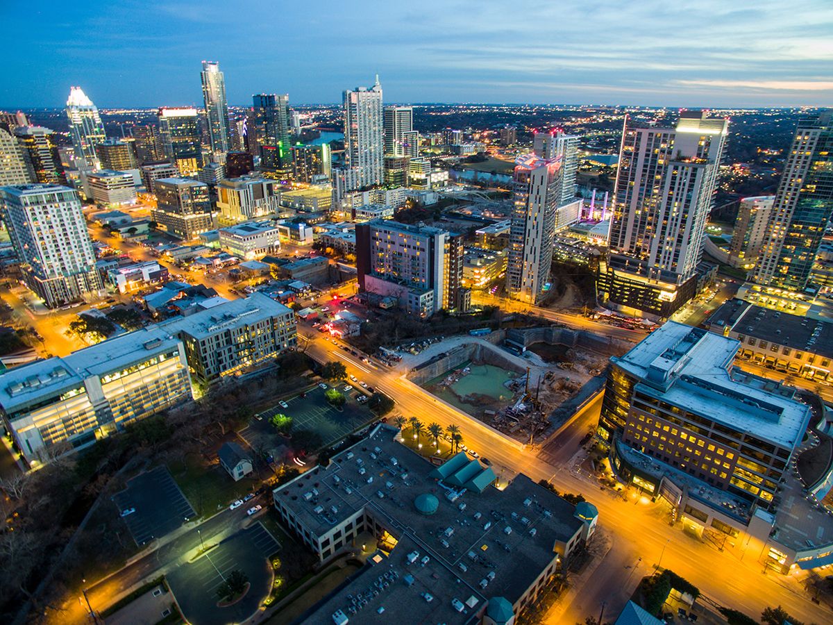 Night shot of Austin Texas from above