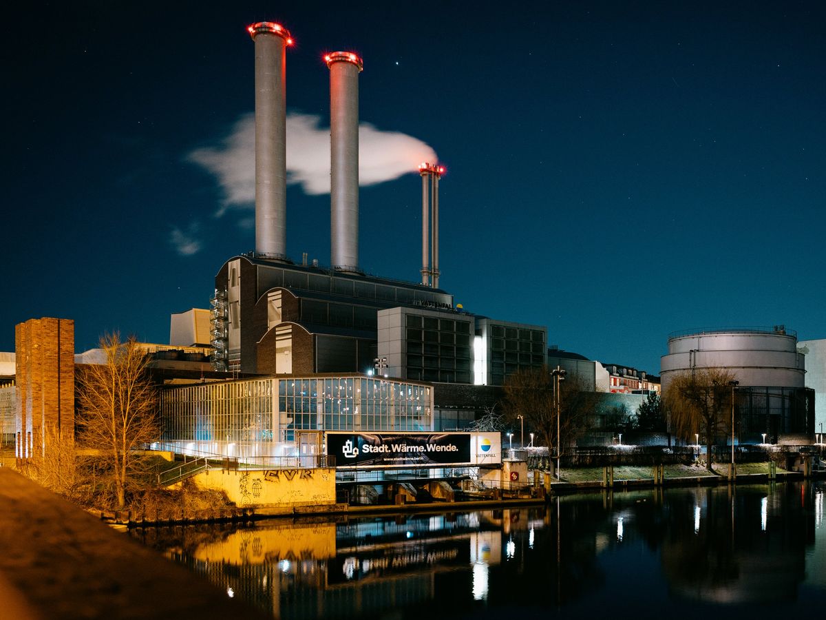 Nightime shot of a power plant 