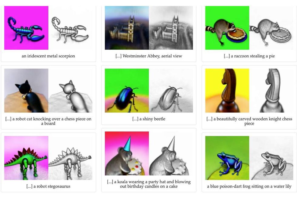 Nine examples of 3D models generated from plain text input using a machine learning model. 