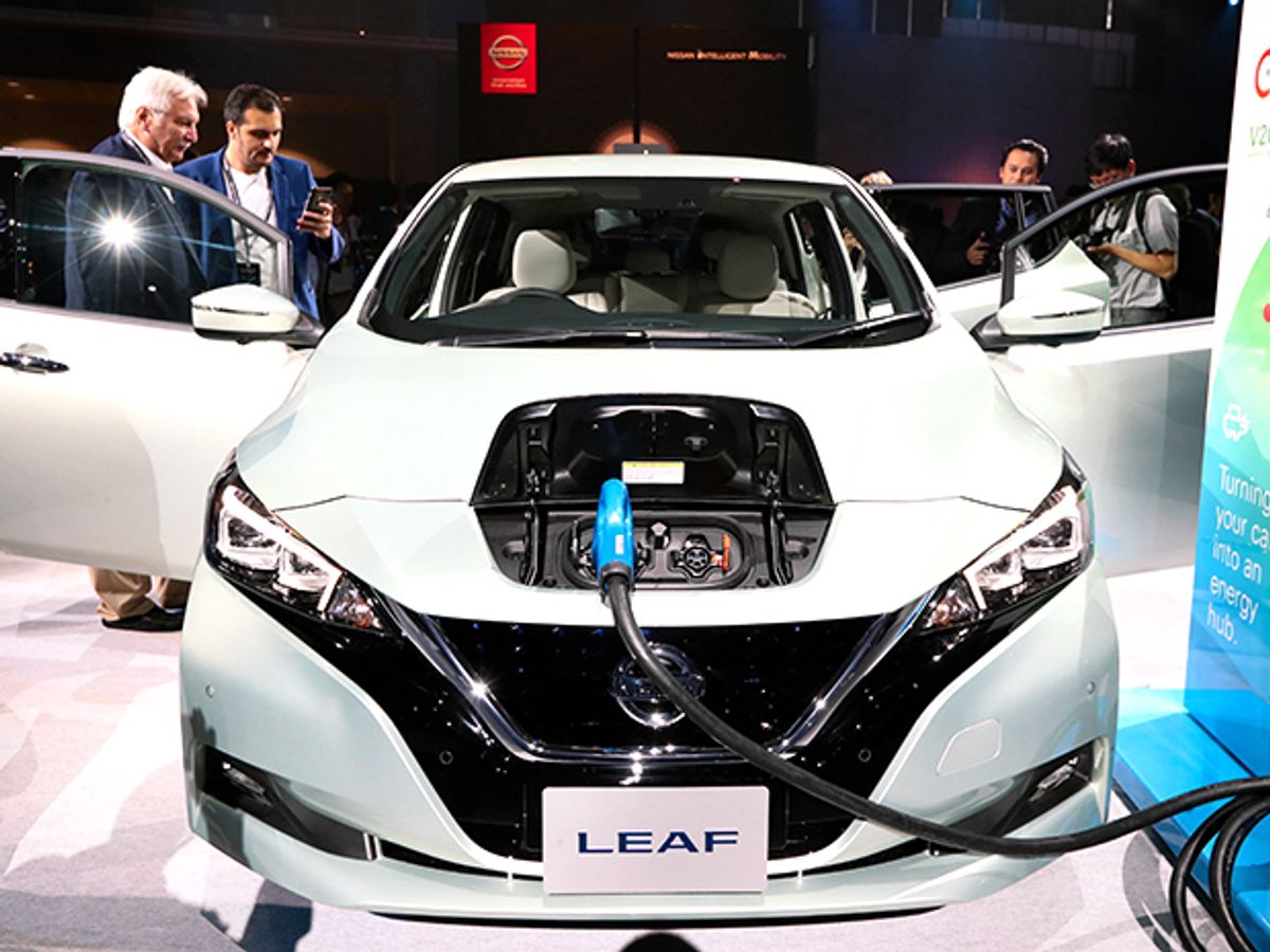 Nissan Motor Co's revamped Leaf electric vehicle is displayed at the Makuhari Messe on September 6, 2017 in Chiba, Japan