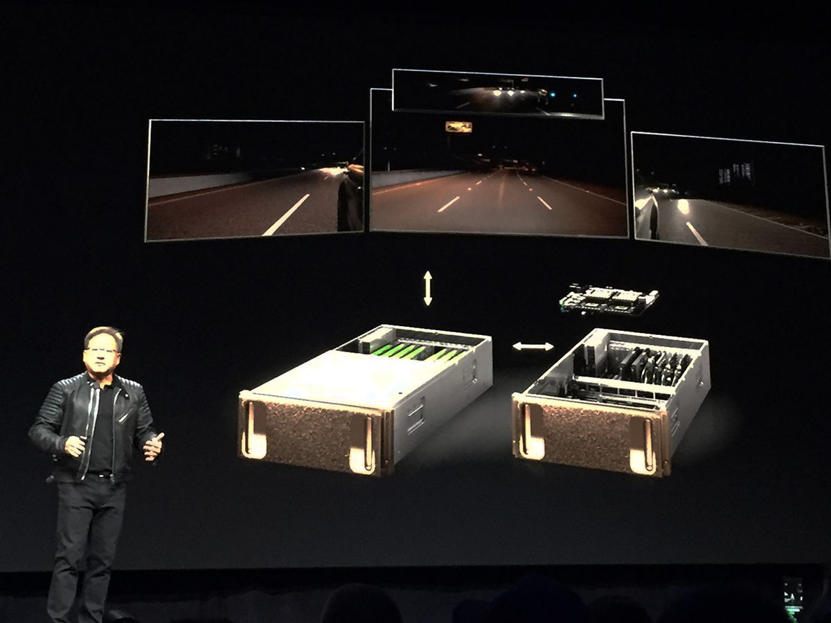 Nvidia CEO Jensen Huang on stage at the GTC 2018 conferenc