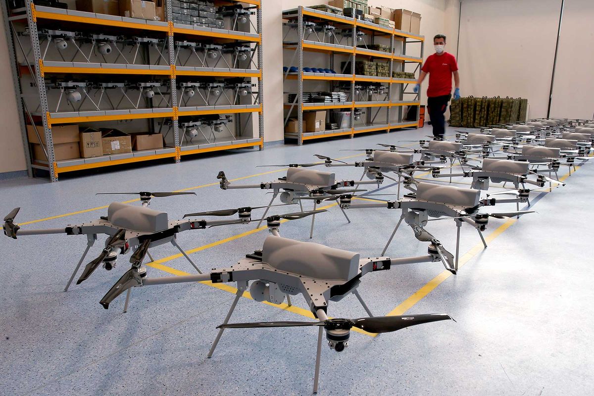 Officials of Turkish defense industry company "STM", work at Autonomous Rotary Wing Attack Drone UAV Kargu production to meet the needs of the security forces at the campus of OSTIM Technopark in Ankara, Turkey on June 11, 2020.