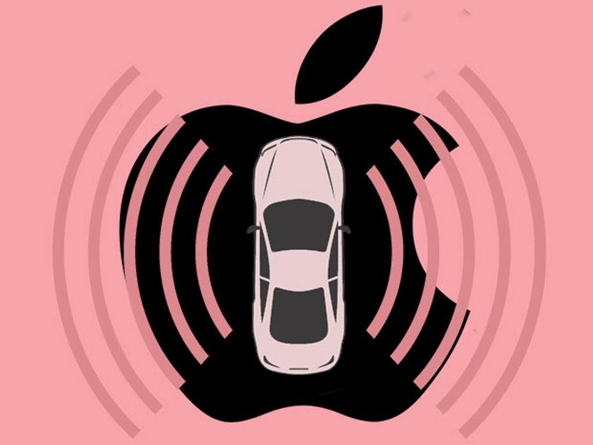 On a pink background a car illustration atop the Apple logo with hemicircular waves propagate from both sides of the car.