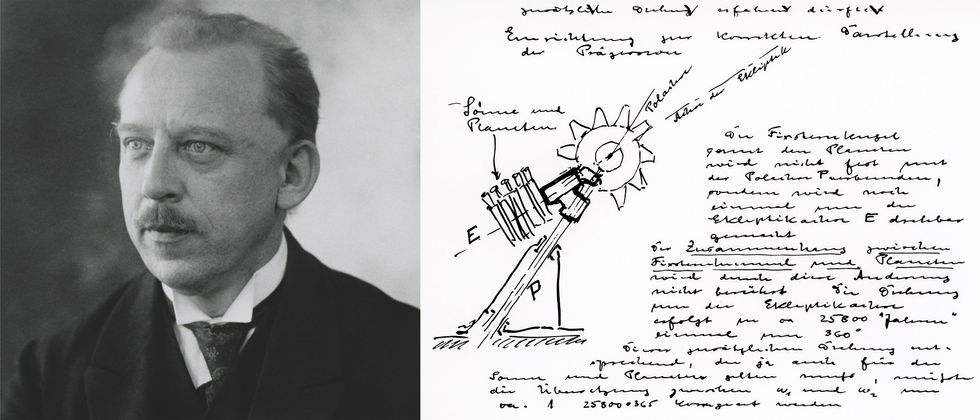 On the left, a 1927 black and white photo of a man wearing a suit and tie. On the right, a rough sketch of an apparatus with handwritten notes. 