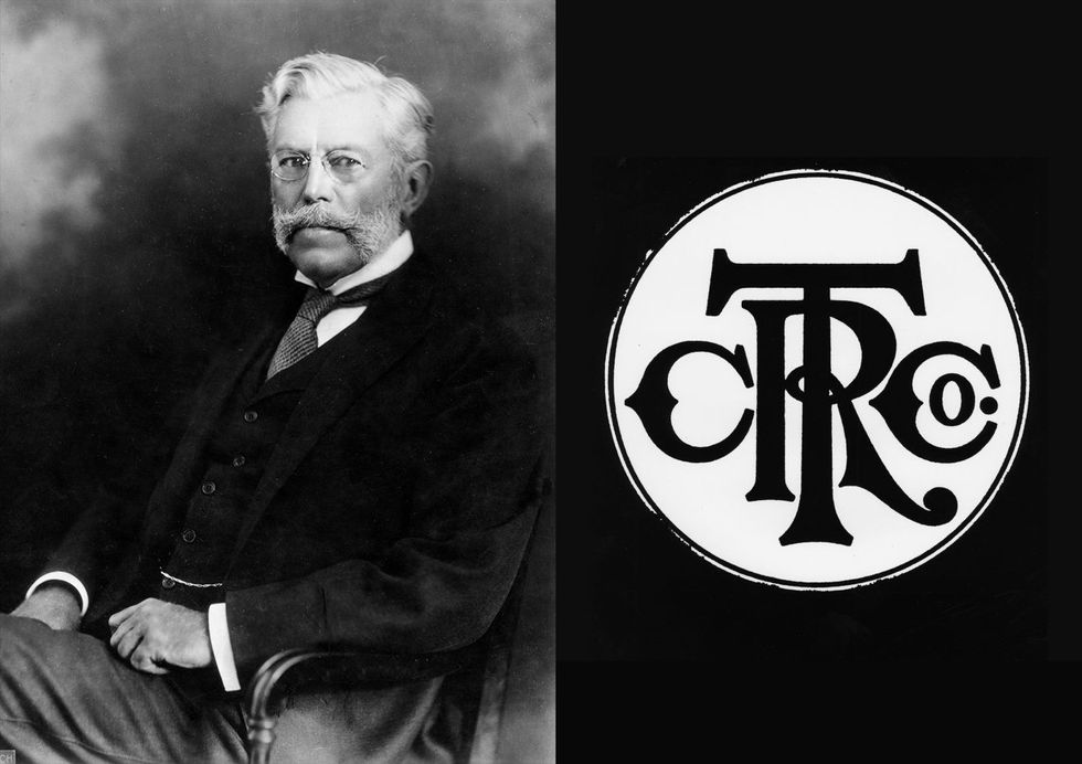 On the left, a black and white photo of a serious looking white man with an enormous mustache and wearing a suit. On the right a round logo with decorative letters that say CTR Co.