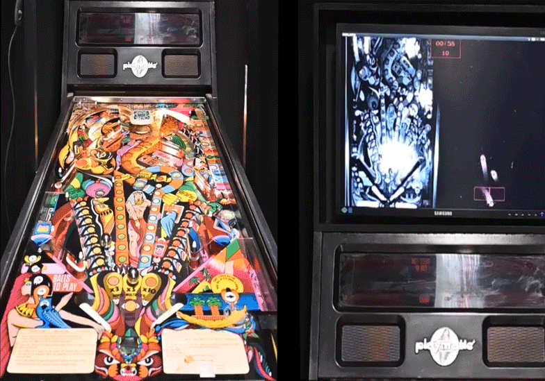 On the left, a pinball machine operating. On the right, a screen displaying pinball.