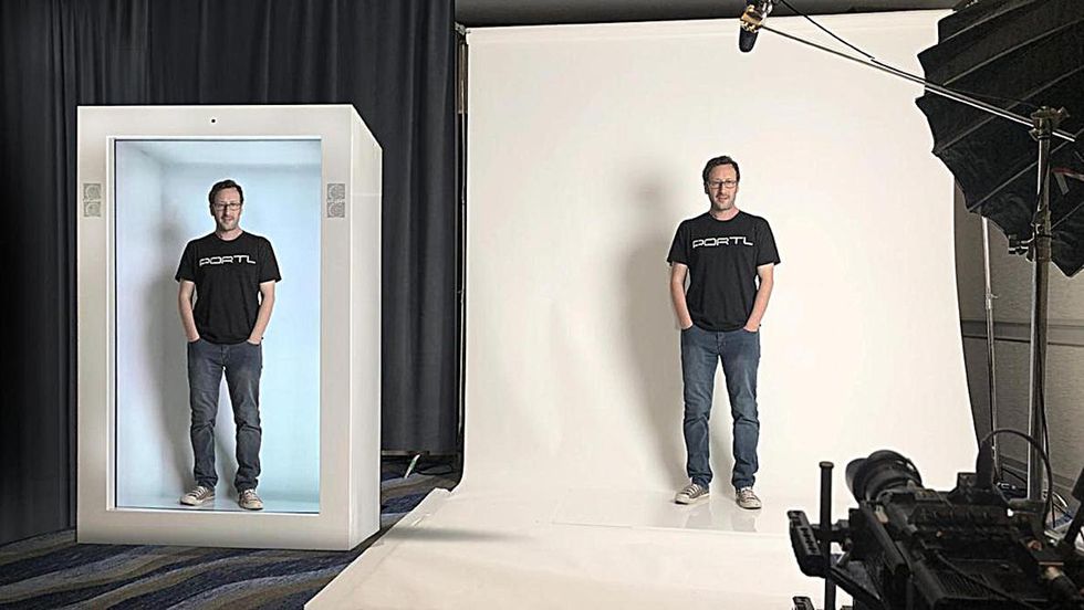 On the right, a man in a PORTL shirt and jeans stands on a white photo backdrop. To the left, he also appears in a white PORTL box.