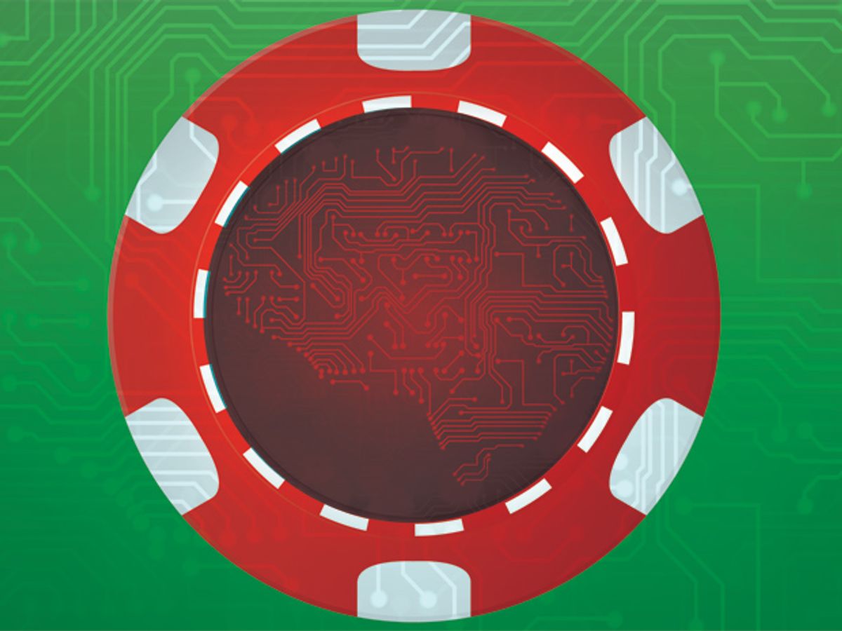 Overhead illustration of a poker table with a circuit board superimposed behind it. 