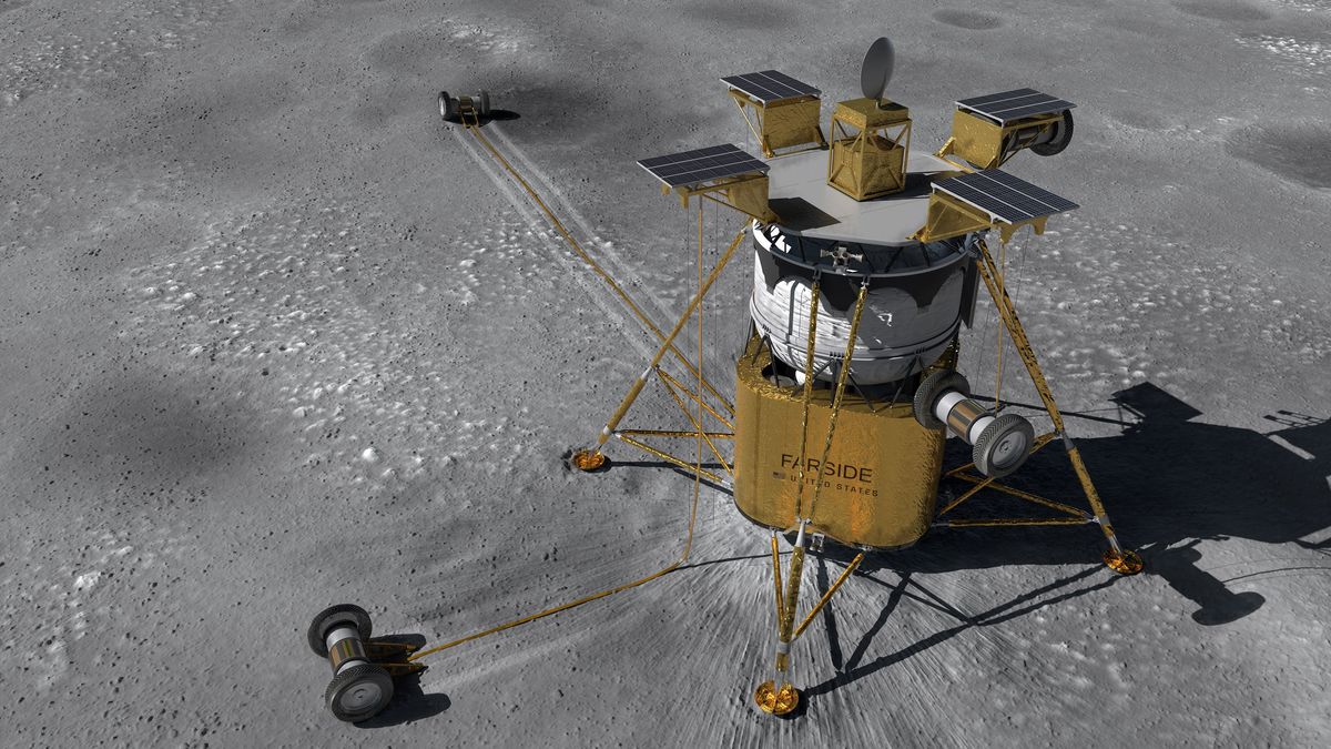 Overhead view of a gold spacecraft on moon, with four two-wheeled rovers laying cable behind themselves as they roll away from it.