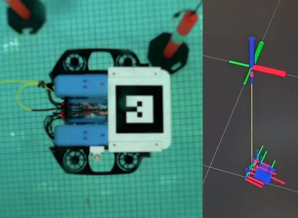 overhead view of a square robot with "3" on top on left side and an illustration of red, blue and green rods on a line on a gray background on the right side